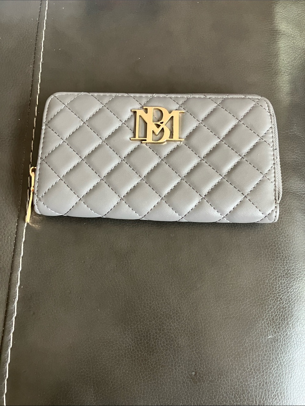 Badgley Mischka Quilted Gray Zip-Around Wallet with Gold Logo